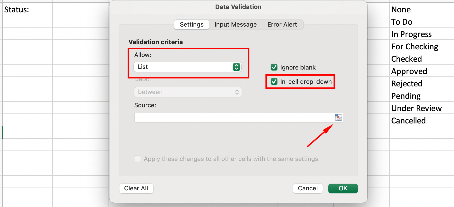 How to Make a Drop Down List in Excel and Google Sheets 4 data validation list select cells 1